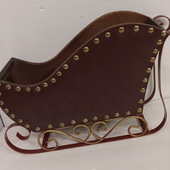 Santa Christmas Sleigh Wooden Metal & Burgundy Leather Large - Picture 5 of 9
